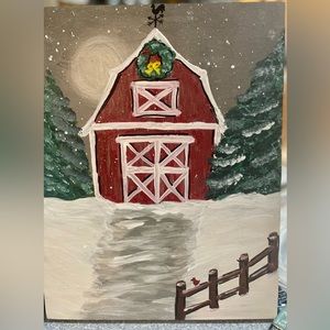 Original old barn painting in winter scene. Acrylic painting on wooden canvas.